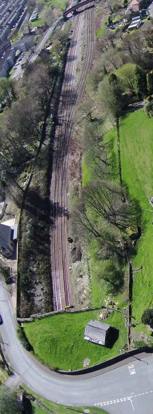 An aerial photo taken by Nigel Trafford on 21 April 2014 shows the full extent of Hall Royd Junction from the mouth of Millwood Tunnel to Hall Royd Road bridge.