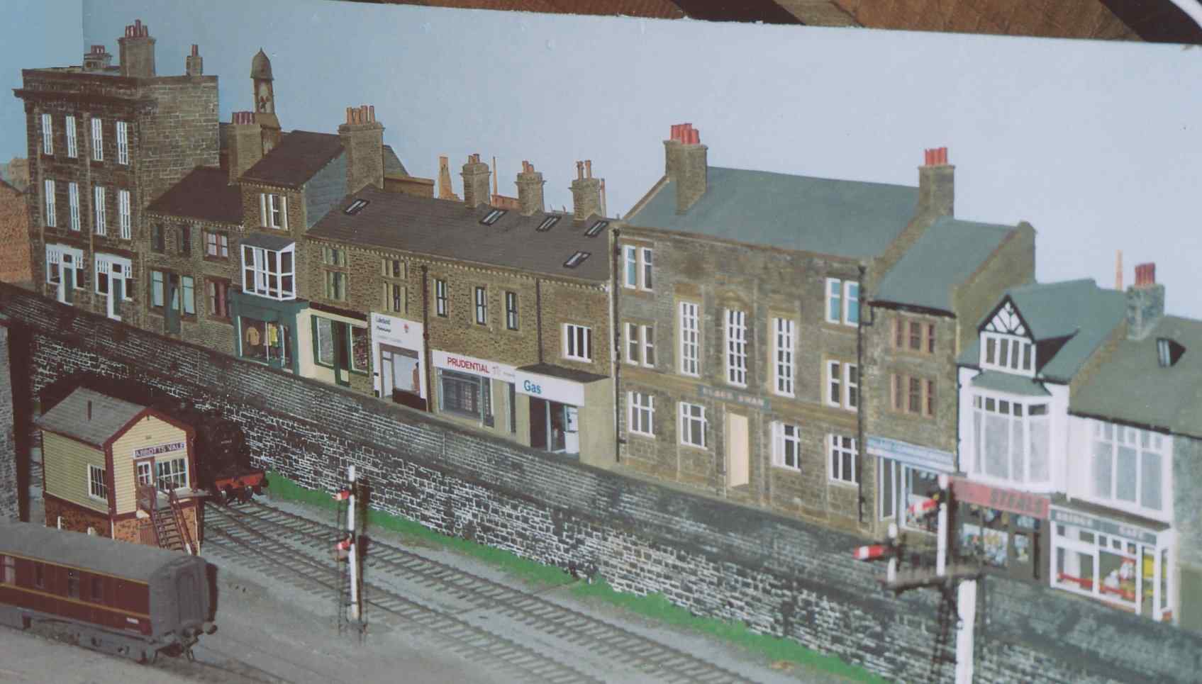 Burnley Road shops, Todmorden: model in situ on the layout
