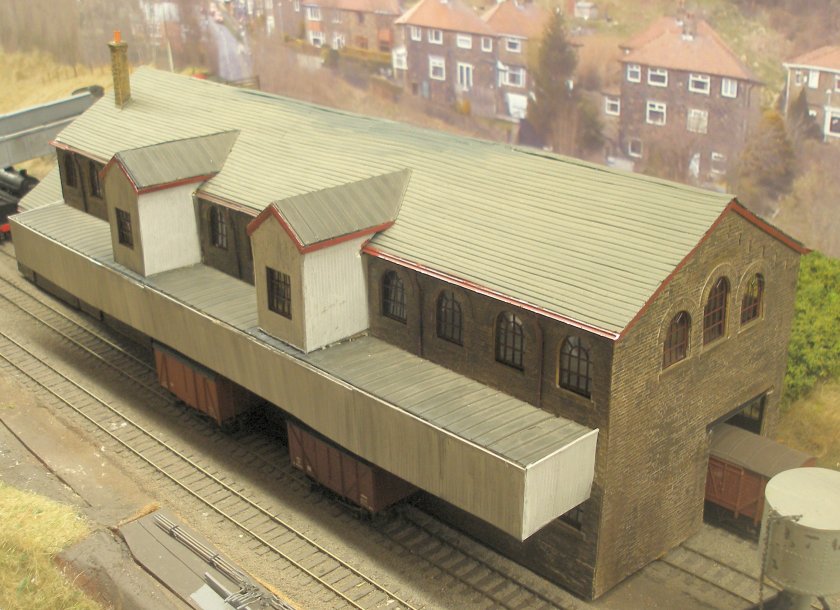 Howarth goods shed 4mm scale. Canopy side three quarters view