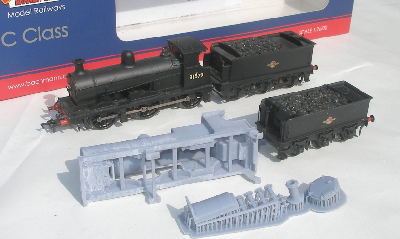 As delivered 4mm scale Lancashire & Yorkshire Railway (LYR) Class 28 body by Sparkshot, with donor Bachmann Class C loco and Craftsman Aspinall tender. View showing underside of body.