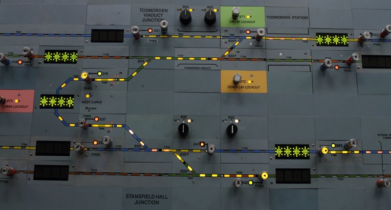 Preston Power Signal Box panel detail showing route set for a train to pass in the Up direction from Stansfield Hall Junction to Todmorden Viaduct Junction on 30 January 2015.