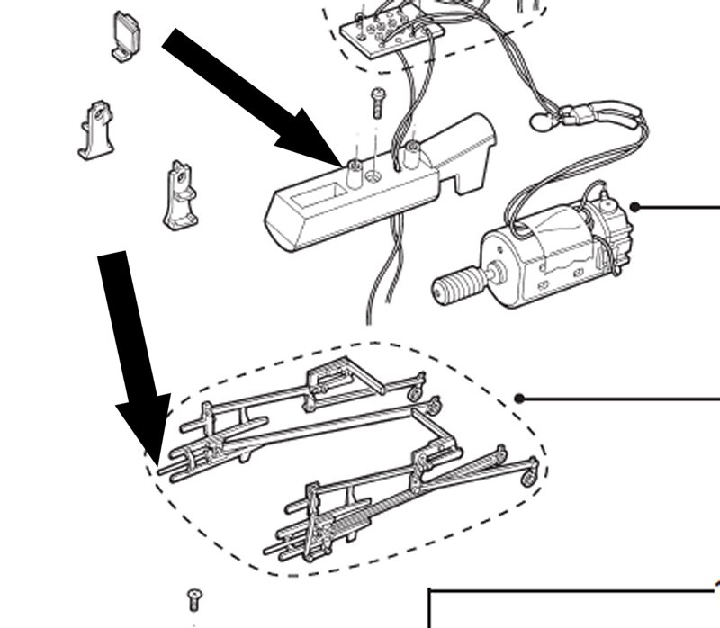 Hornby Rebuit Patriot exploded parts diagram showing casting that holds the front of the motor in place and the piston rod