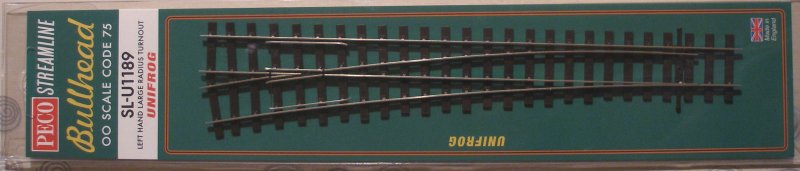 PECO Streamline Bullhead OO scale Code 75 Unifrog point (turnout) in its original packaging.