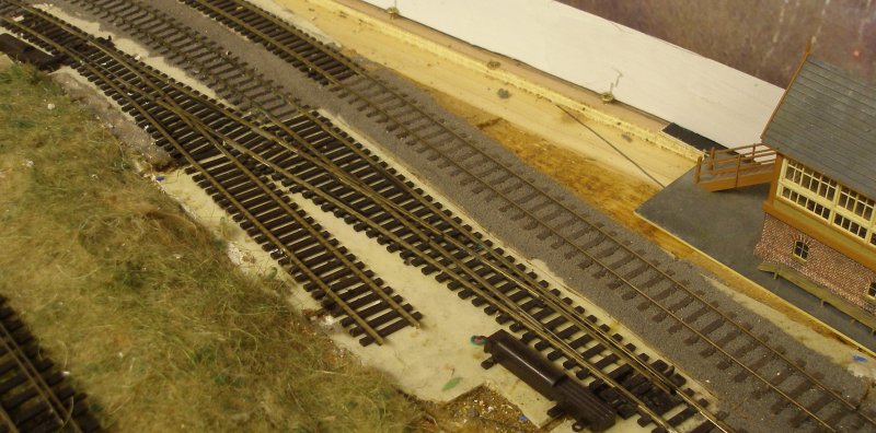 A PECO HO flat-bottomed point installed on a layout before a PECO Streamline Bullhead OO scale Code 75 Unifrog point (turnout) was fitted.