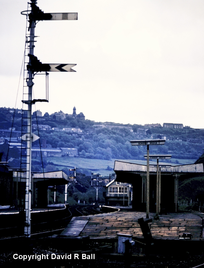 Sowerby Bridge station viewed from the goods yard looking eastwards (towards Leeds), showing the BR 'modern' canopies and the station signal box in 1971. 