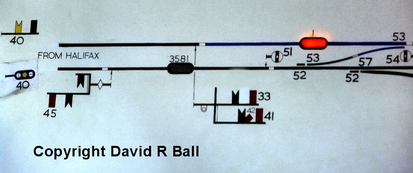 Sowerby Bridge signal box interior 1971: detail from the illuminated track diagram showing points 52 &  53, and signals40, 45, 33, 41 and 51