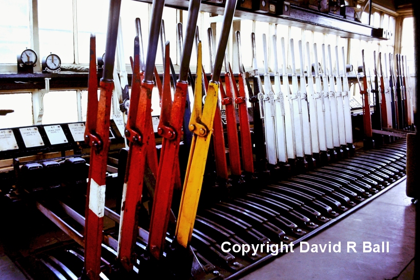 Sowerby Bridge signal box interior 1971 showing active frame with the road pulled for a Down working.