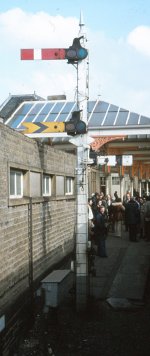 Inner Home and wrong-line starter at Skipton's Platform 1 in 1973