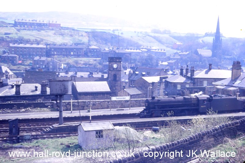 Todmorden Railway Station 1968 as a Black 5 pauses on its journey eastwards.