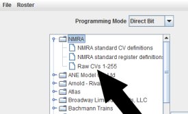 'Raw CV' tab on JMRI DecoderPro 3