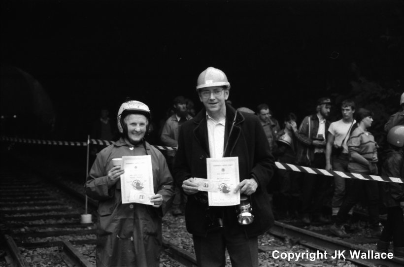 Stephenson's last known surviving relative Robert Stephenson Roper (and presumably Mrs Stephenson Roper) at the Todmorden end of Summit Tunnel during the charity walk through the tunnel on 17 August 1985, two days before the reopening following the devastating fire on 20 December 1984.
