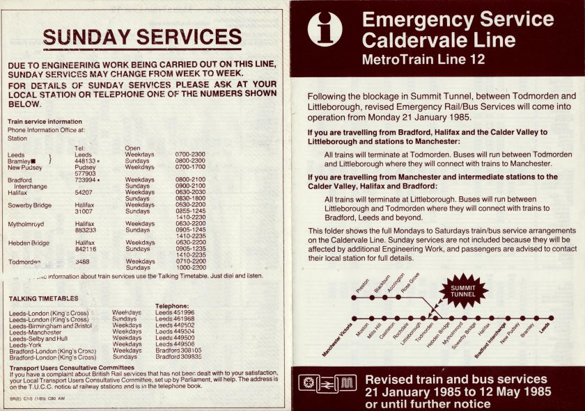 Emergency Service Calder Valley timetable 21 January 1985 - 12 May 1985 following the Summit Tunnel fire