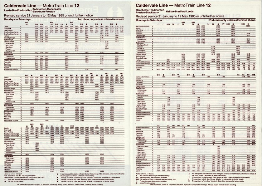Emergency Service Calder Valley timetable 21 January 1985 - 12 May 1985 following the Summit Tunnel fire inside spread