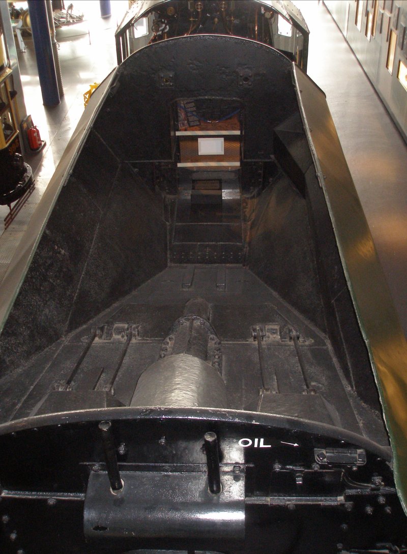 Stanier 'Coronation' Pacific 46235 'City of Birmingham' as seen in the ThinkTank Museum on 10 October 2015.  Tender bunker looking forward from above coal pusher.