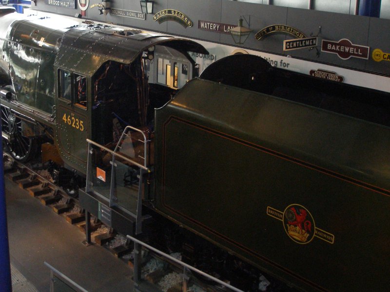 Stanier 'Coronation' Pacific 46235 'City of Birmingham' as seen in the ThinkTank Museum on 10 October 2015.  Cab and tender front, Driver's side.