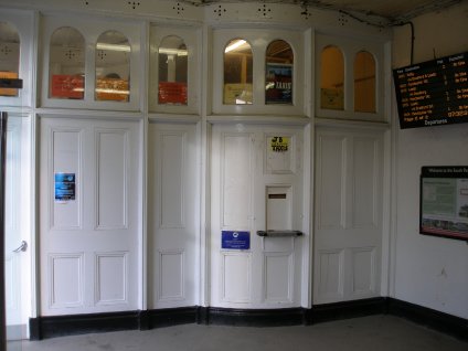 Inside the entrance of Todmorden Station on 19 April 2013 showing old booking office