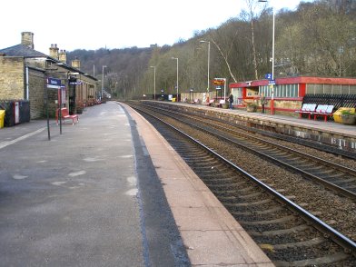 Todmorden Railway Station 19 April 2013: view from Platform 2 towards Manchester