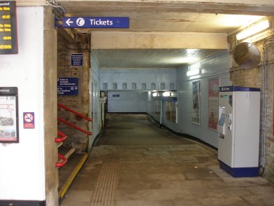 Subway to Platforms 1 and 2 at Todmorden Station from entrance showing ticket machine on 19 April 2013