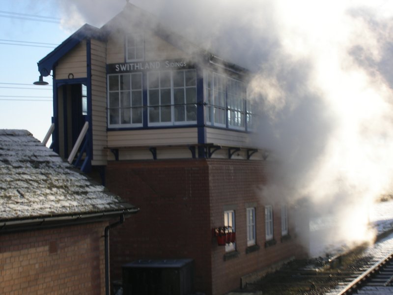 Steam from 'Oliver Cromwell' hides Swithland Sidings signal box, 30 December 2014
