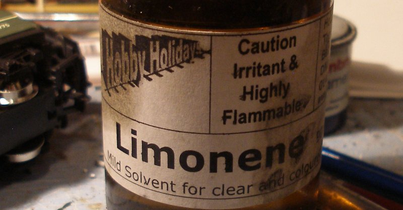 Trix Class 124: Hobby Holidays' bottle of Limonene as used for the Trix Trans-Pennine DMU glazing project.