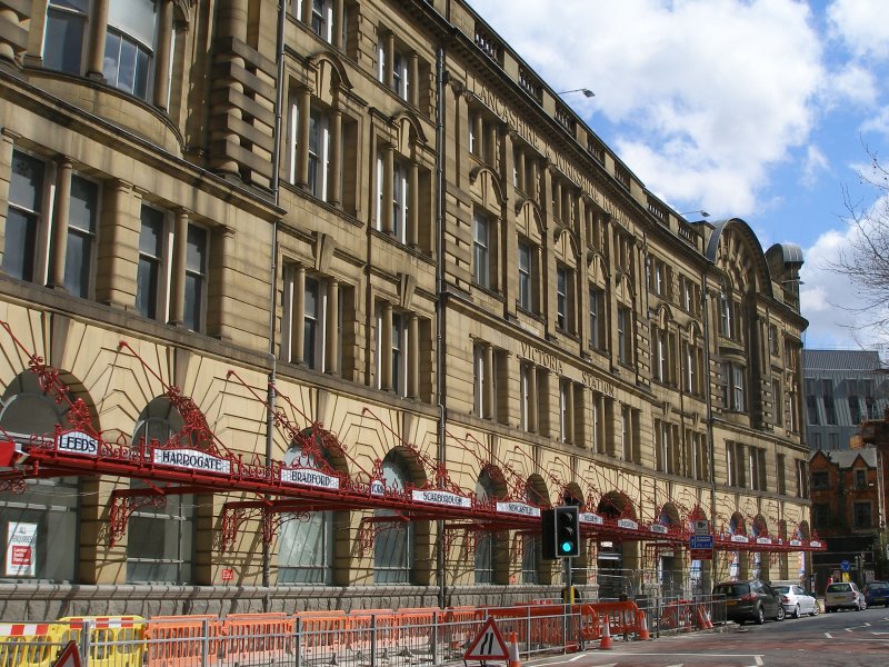 Manchester Victoria Railway Station 11 April 2015 on the occasion of a guided tour organised by the Lancashire & Yorkshire Railway Society: exterior shot of Hunt's Bank office block