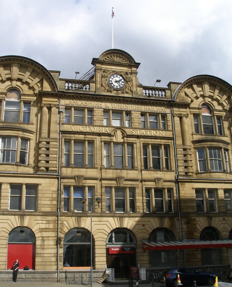 Manchester Victoria Railway Station 11 April 2015 on the occasion of a guided tour organised by the Lancashire & Yorkshire Railway Society: original entrance from Hunt's Bank showing 'Lancashire & Yorkshire Railway' 'Victoria Station'