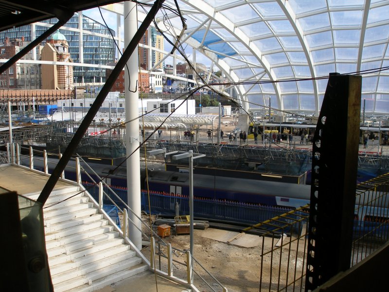 Manchester Victoria Railway Station 11 April 2015 on the occasion of a guided tour organised by the Lancashire & Yorkshire Railway Society: view across Platforms 1 & 2 and the extended tram stop