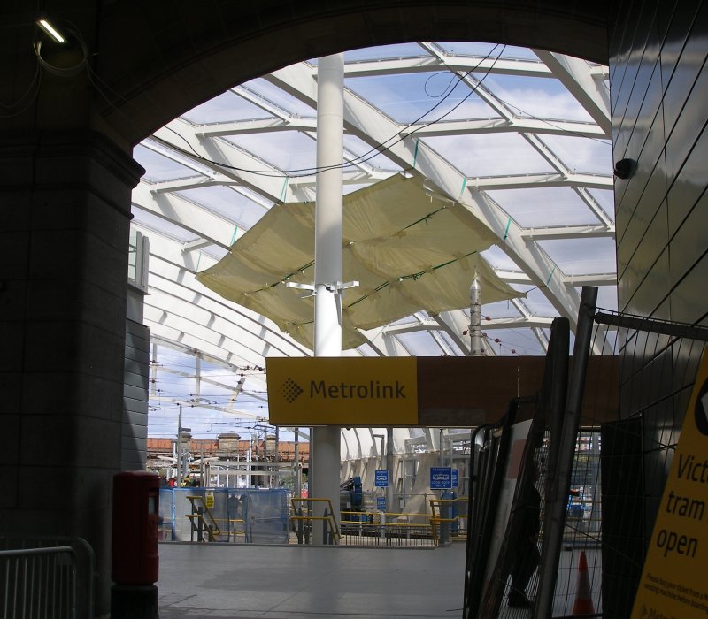 Manchester Victoria Railway Station 11 April 2015 on the occasion of a guided tour organised by the Lancashire & Yorkshire Railway Society: new roof seen through passageway from Hunt's Bank