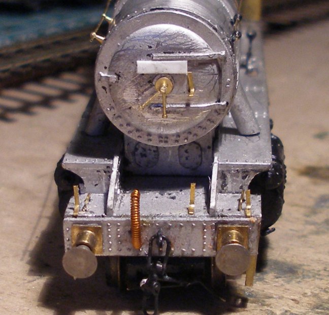 DJH WD 2-8-0 4mm scale model showing smokebox and footplating with lamp brackets added.