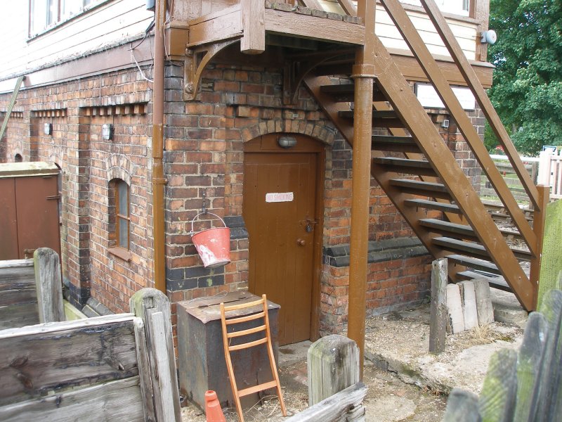 Wansford Signal Box, Nene Valley Railway, June 2015: interlocking room door and stairs detail