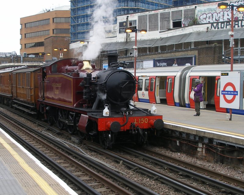 Small Praire 'L.150' stands at Platform 5, Harrow-on-the-Hill having headed the event train from West Ruislip depot on the Central Line and showing its air pump.
