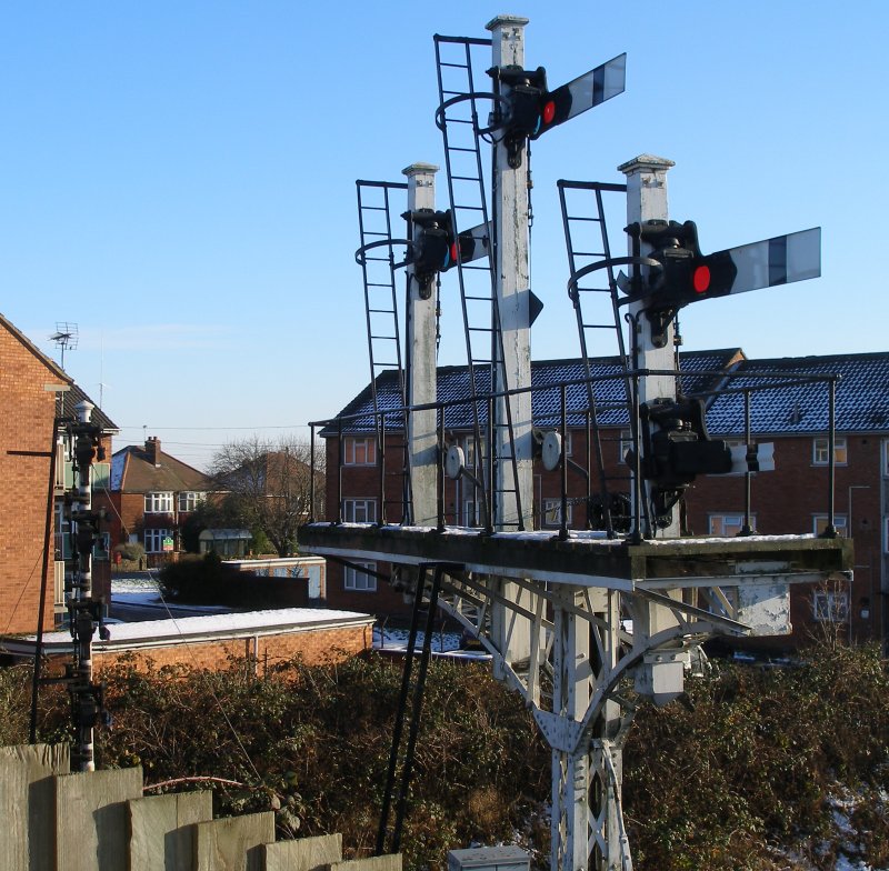 Original bracket signal rescued from the Nottingham approaches, Great Central Railway, Beccles Road Bridge, Loughborough