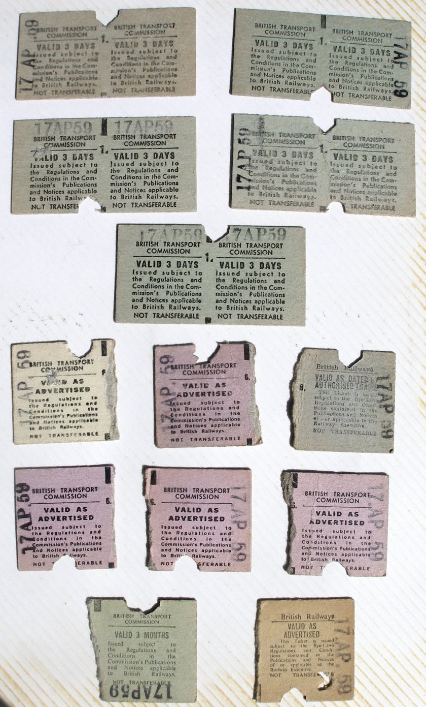 Reverse of Todmorden tickets showing that ther were all collectd at the barrier on 17 April 1959.
