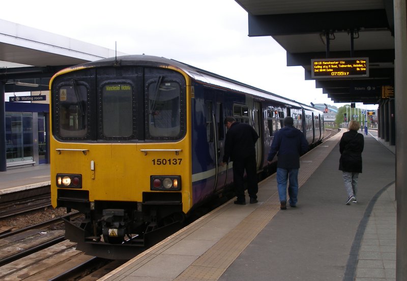 Sprinter 150.137 waits for departure with the 08.18 service to Manchester Victoria